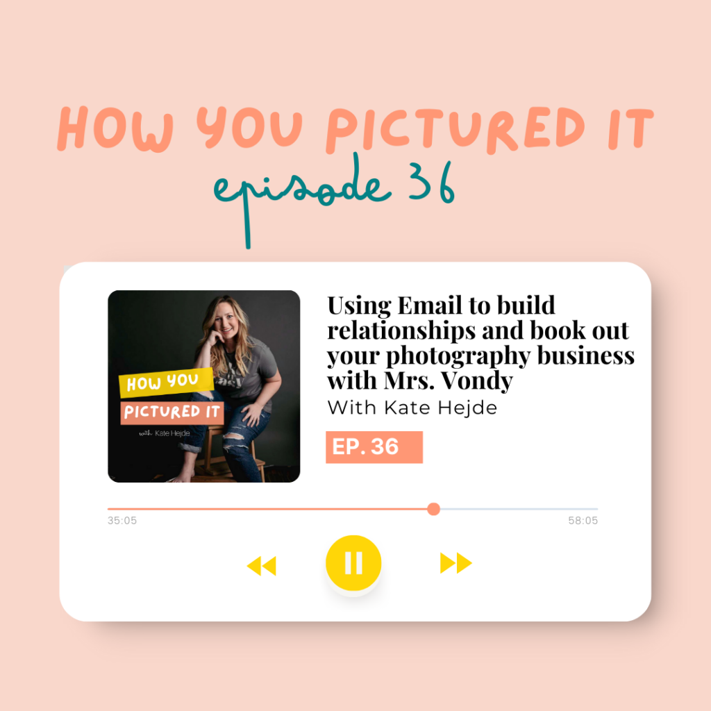 Podcast cover for How You Pictured It Episode 36, Using Email to build relationships and book out your photography business with Mrs. Vondy 