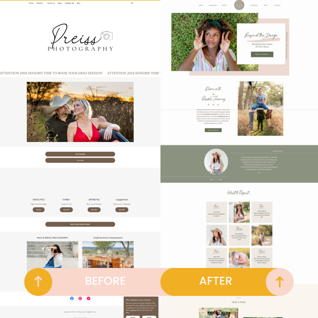 Before and after of Preiss photography home page moving her website to showit with the help of Brand Base Camp